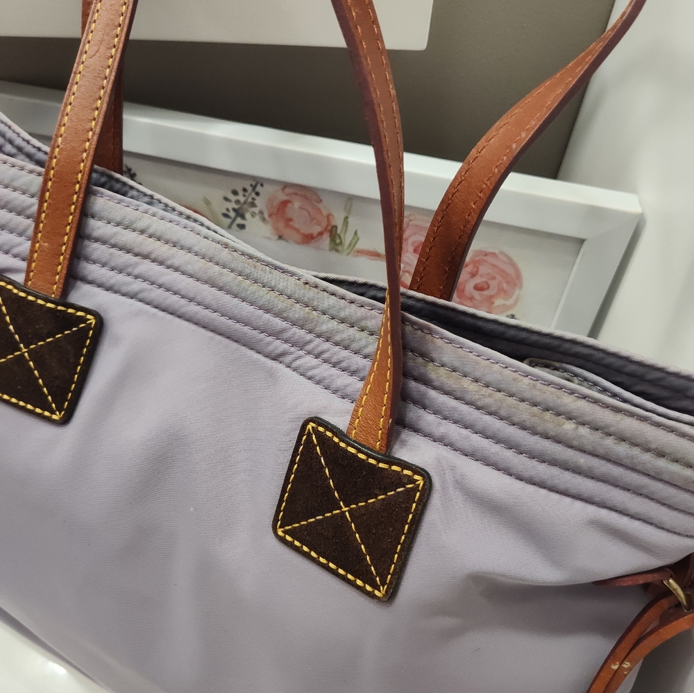 Dooney & Bourke Lavender Nylon Tote with Brown Leather Trim and Straps - Picture 10 of 16